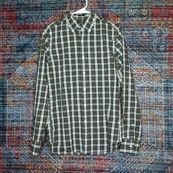 JCREW mens navy green white brown SLIM FLEX plaid button S EUC - Picture 1 of 3